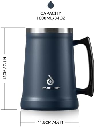 Ideus Insulated Beer Stein - 24oz Double Walled Stainless Steel Mug for Cold Drinks - Perfect for Parties and Outdoor Ga