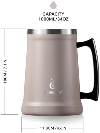 Ideus Insulated Beer Stein - 24oz Double Walled Stainless Steel Mug for Cold Drinks - Perfect for Parties and Outdoor Ga
