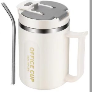 Insulated Coffee Mug - 16oz Double Wall Stainless Steel for Office & Home - Includes Straw & Spoon, Gray Lid