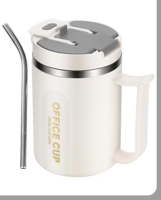 Insulated Coffee Mug - 16oz Double Wall Stainless Steel for Office & Home - Includes Straw & Spoon, Gray Lid