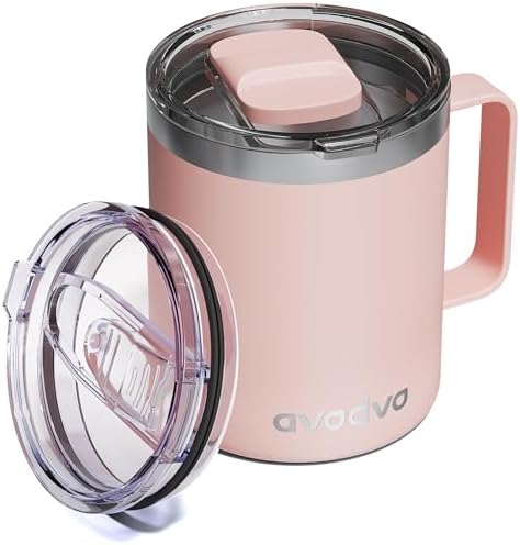 Insulated Coffee Mug - 12oz Stainless Steel Travel Cup with Two Lids, Double Wall Vacuum Insulation for Home, Office & O