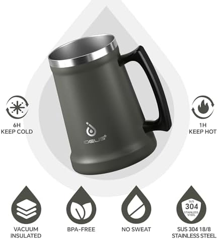Ideus Insulated Beer Stein - 24oz Double Walled Stainless Steel Mug for Cold Drinks - Perfect for Parties and Outdoor Ga