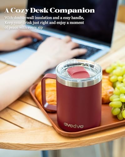 Insulated Coffee Mug - 12oz Stainless Steel Travel Cup with Two Lids, Double Wall Vacuum Insulation for Home, Office & O