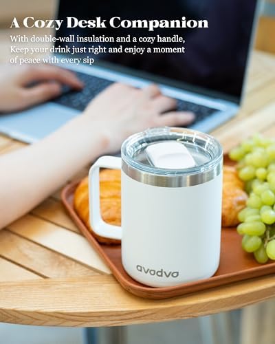 Insulated Coffee Mug - 12oz Stainless Steel Travel Cup with Two Lids, Double Wall Vacuum Insulation for Home, Office & O