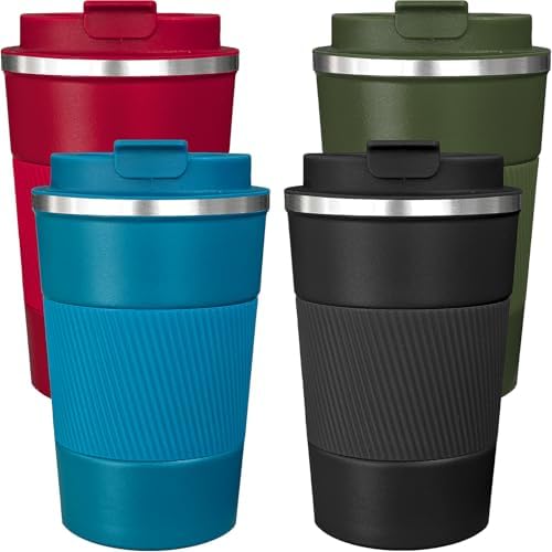 Insulated Stainless Steel Travel Coffee Mug 17oz | 4 Pack Reusable Thermal Cup with Lid | Perfect for Hot & Iced Drinks
