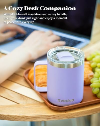 Insulated Coffee Mug - 12oz Stainless Steel Travel Cup with Two Lids, Double Wall Vacuum Insulation for Home, Office & O