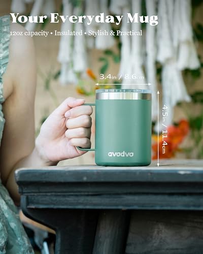 Insulated Coffee Mug - 12oz Stainless Steel Travel Cup with Two Lids, Double Wall Vacuum Insulation for Home, Office & O