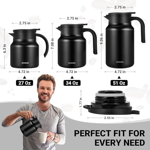 Stainless Steel 27Oz Thermal Coffee Carafe - Insulated, Dustproof, Perfect for Home/Party Use, Keeps Hot/Cold, Silver Fi