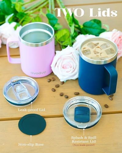 Insulated Coffee Mug - 12oz Stainless Steel Travel Cup with Two Lids, Double Wall Vacuum Insulation for Home, Office & O