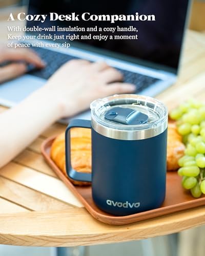 Insulated Coffee Mug - 12oz Stainless Steel Travel Cup with Two Lids, Double Wall Vacuum Insulation for Home, Office & O
