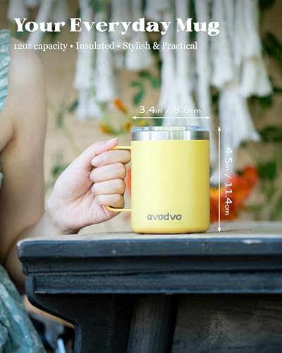 Insulated Coffee Mug - 12oz Stainless Steel Travel Cup with Two Lids, Double Wall Vacuum Insulation for Home, Office & O