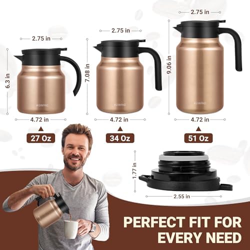 Stainless Steel 27Oz Thermal Coffee Carafe - Insulated, Dustproof, Perfect for Home/Party Use, Keeps Hot/Cold, Silver Fi