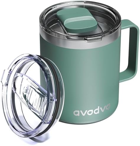 Insulated Coffee Mug - 12oz Stainless Steel Travel Cup with Two Lids, Double Wall Vacuum Insulation for Home, Office & O