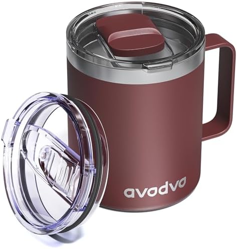 Insulated Coffee Mug - 12oz Stainless Steel Travel Cup with Two Lids, Double Wall Vacuum Insulation for Home, Office & O