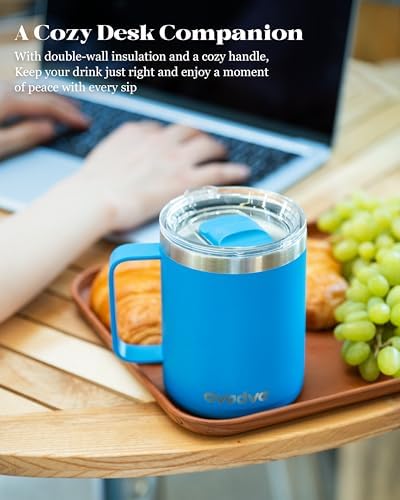 Insulated Coffee Mug - 12oz Stainless Steel Travel Cup with Two Lids, Double Wall Vacuum Insulation for Home, Office & O