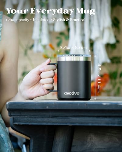 Insulated Coffee Mug - 12oz Stainless Steel Travel Cup with Two Lids, Double Wall Vacuum Insulation for Home, Office & O