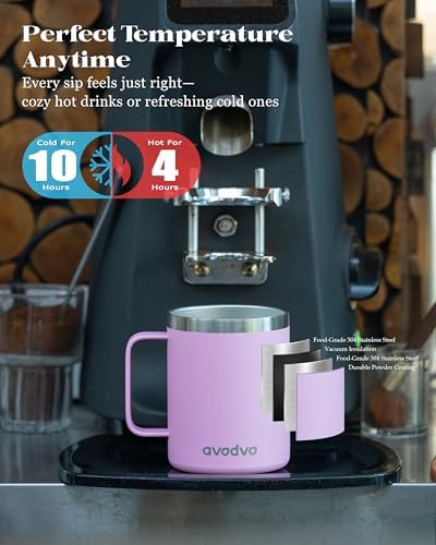 Insulated Coffee Mug - 12oz Stainless Steel Travel Cup with Two Lids, Double Wall Vacuum Insulation for Home, Office & O