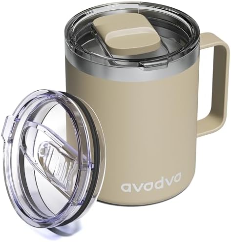 Insulated Coffee Mug - 12oz Stainless Steel Travel Cup with Two Lids, Double Wall Vacuum Insulation for Home, Office & O