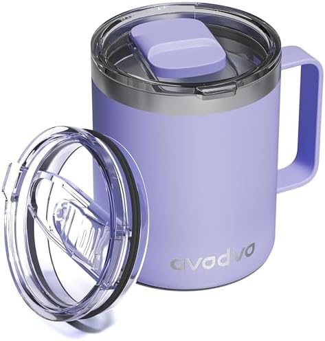 Insulated Coffee Mug - 12oz Stainless Steel Travel Cup with Two Lids, Double Wall Vacuum Insulation for Home, Office & O