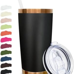 20 oz Stainless Steel Tumbler - Double Wall Vacuum Insulated Travel Mug with Lid & Straw - Powder Coated Black for Hot &