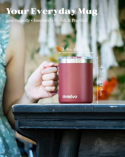Insulated Coffee Mug - 12oz Stainless Steel Travel Cup with Two Lids, Double Wall Vacuum Insulation for Home, Office & O