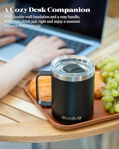 Insulated Coffee Mug - 12oz Stainless Steel Travel Cup with Two Lids, Double Wall Vacuum Insulation for Home, Office & O