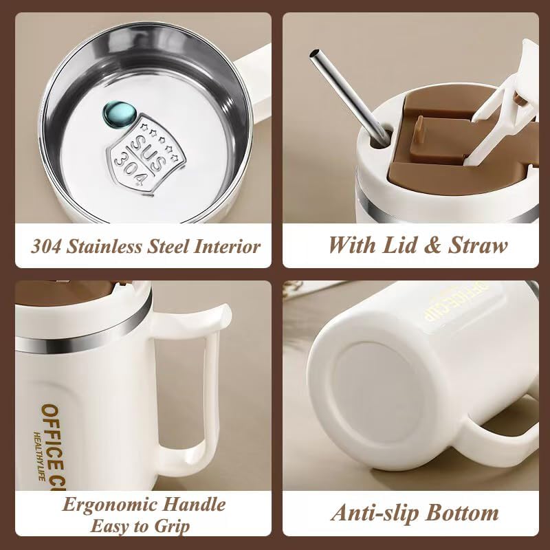 Insulated Coffee Mug - 16oz Double Wall Stainless Steel for Office & Home - Includes Straw & Spoon, Gray Lid