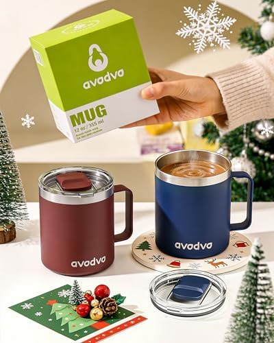 Insulated Coffee Mug - 12oz Stainless Steel Travel Cup with Two Lids, Double Wall Vacuum Insulation for Home, Office & O