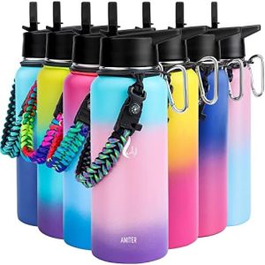 AMITER Insulated Stainless Steel Water Bottle - 22oz with Straw & Spout Lid for Outdoor Enthusiasts - Durable Paracord H