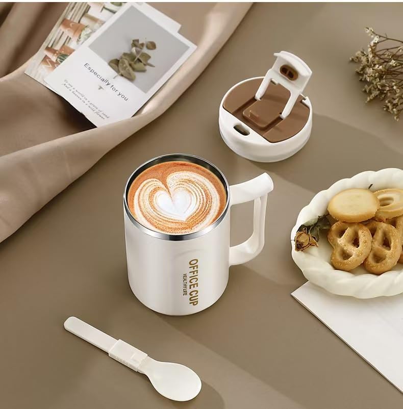 Insulated Coffee Mug - 16oz Double Wall Stainless Steel for Office & Home - Includes Straw & Spoon, Gray Lid