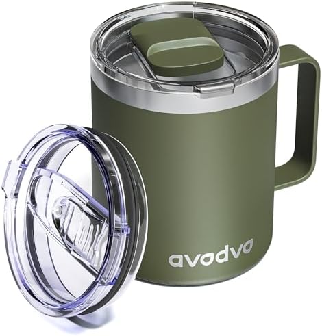 Insulated Coffee Mug - 12oz Stainless Steel Travel Cup with Two Lids, Double Wall Vacuum Insulation for Home, Office & O