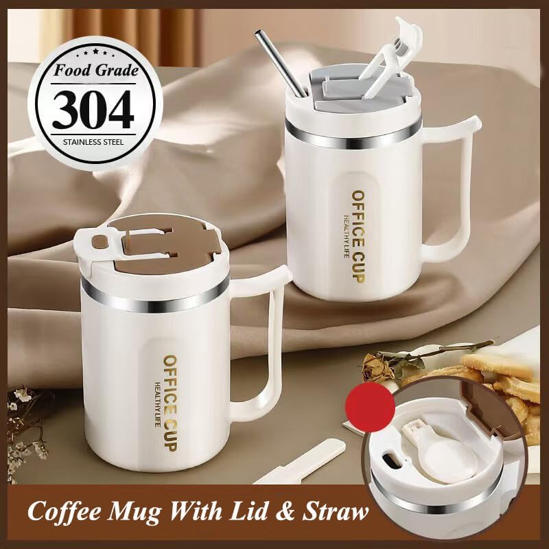 Insulated Coffee Mug - 16oz Double Wall Stainless Steel for Office & Home - Includes Straw & Spoon, Gray Lid